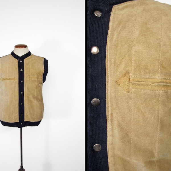 Vintage Leather Knit Vest 70s Suede Snap - Medium