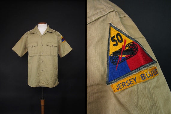 Vintage 50s US Army Shirt 50th Armored Division Khaki Gem
