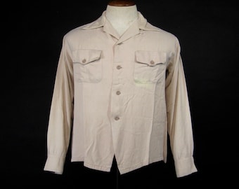 Vintage 40s Gabardine Shirt Khaki Rayon Loop Collar - Small