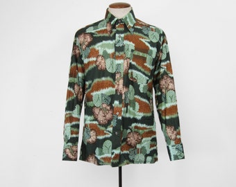 Camisa vintage de los años 70 con estampado de bosque y árboles en algodón abotonada - Talla grande