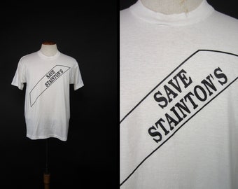 Vintage Save Stainton's T-shirt 80s White Screen Stars - Size Large