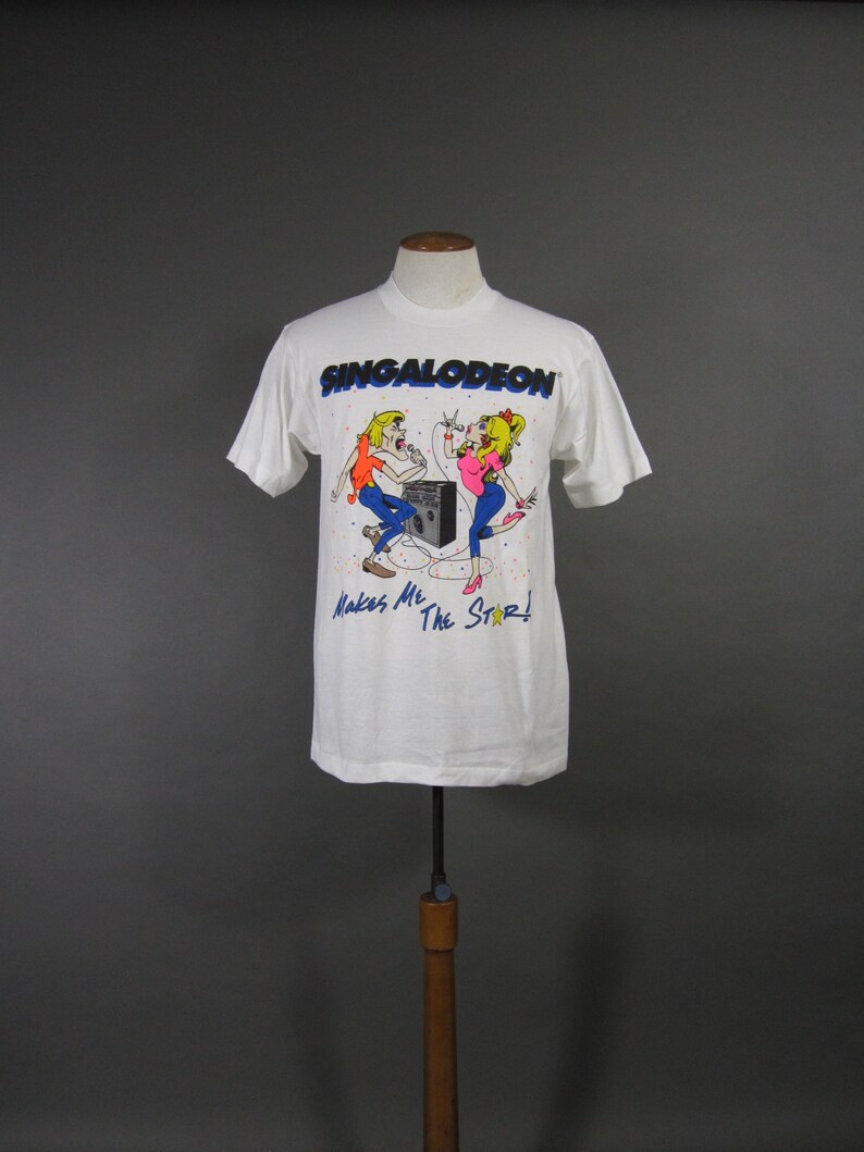 Vintage 80s Karaoke T-shirt Singalodeon NOS White Tee Made in USA Size Large image 2