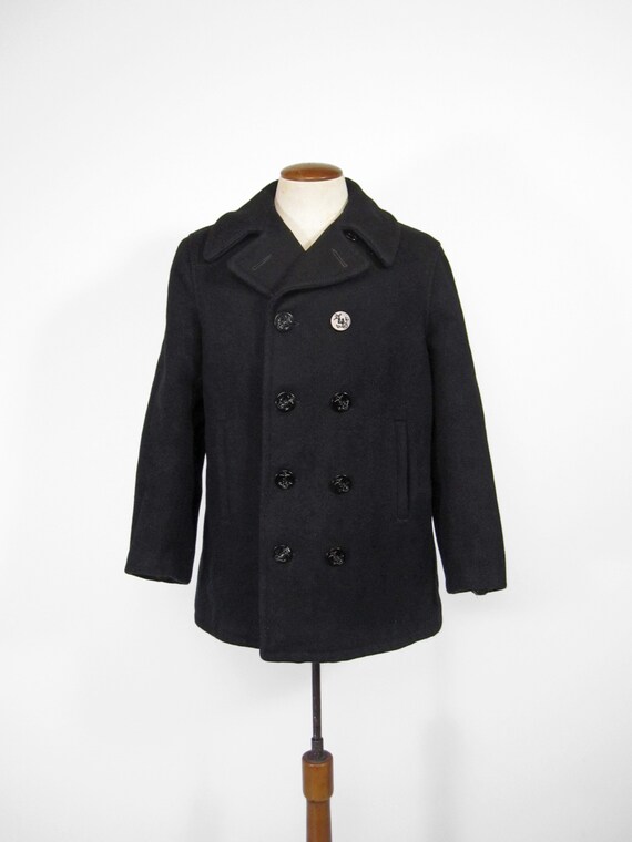 Vintage Navy Pea Coat 60s Black Wool Double Breas… - image 2