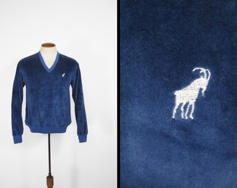 Vintage Blue Velour Sweatshirt 70s Himalaya Brand - Size Medium
