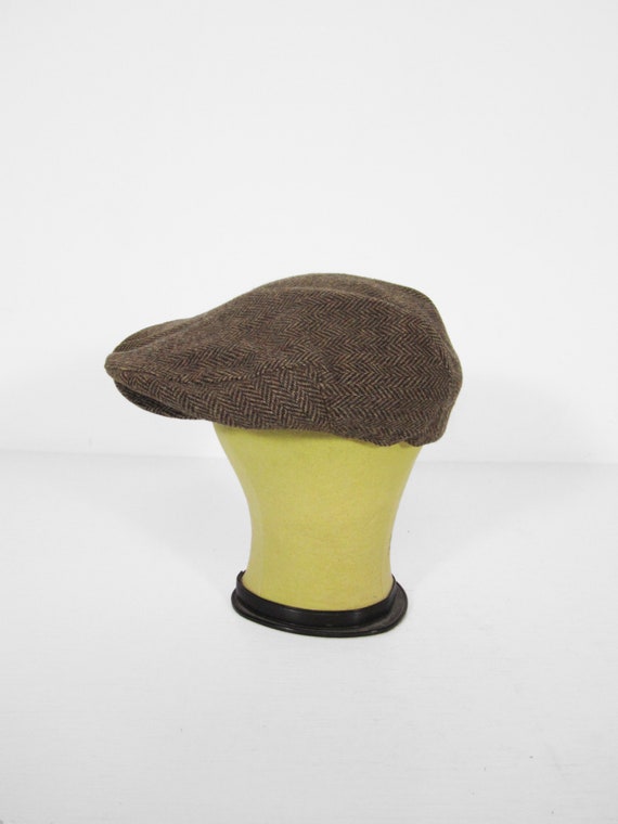 Vintage Brown Flat Cap Tweed Herringbone Hat - Si… - image 4