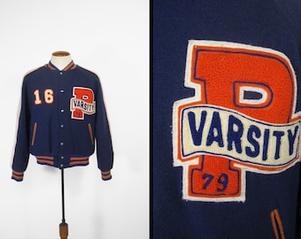 Vintage 1979 Varsity Jacket Reversible Blue Orange Letterman Coat - Medium