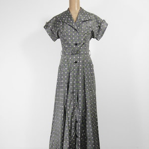 Vintage 50s Polka Dot Dress Pockets Belted Handmade Button Up - Size Small