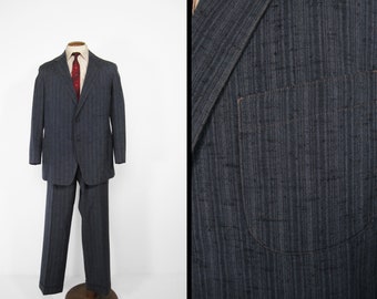 Vintage 50s Blue Charcoal Suit Wool Slub Two Piece - Size 44