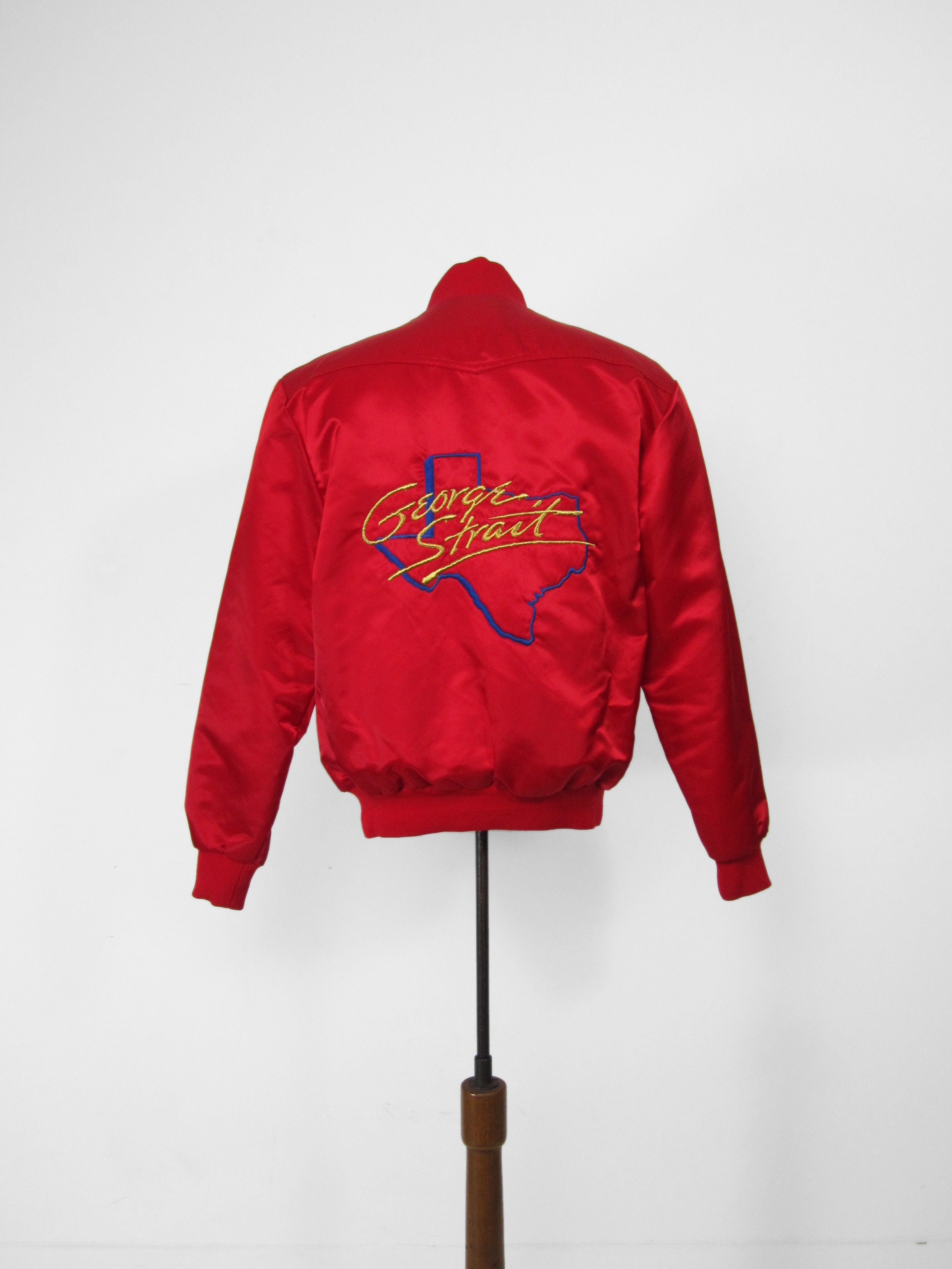 Vintage George Strait Tour Jacket Red Satin Warm up Snap Coat 