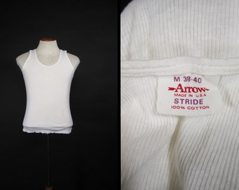 Vintage Wife Beater Undershirt Arrow White Ribbed Cotton - Small / Med