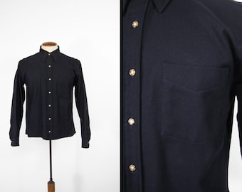 Chemise Pendleton vintage bleu nuit poche unique laine noire ourlet droit - taille moyenne