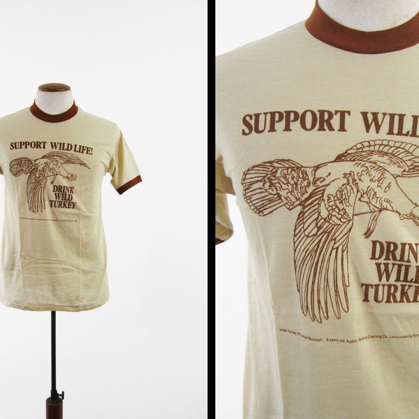 Vintage 70er Jahre Wild Türkei Bourbon T-shirt braun Ringer NOS Deadstock Made in USA - S / Medium
