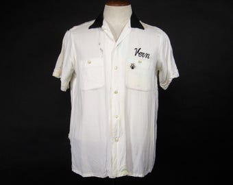 Vintage 50s Bowling Shirt Destroyed Rayon Chainstitched - Large