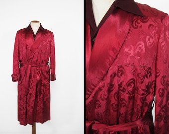 Vintage 50s Smoking Robe Red Silk Shawl Lapel - Size Medium