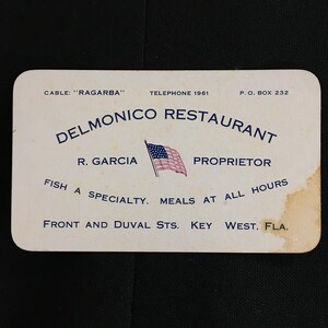 Tarjeta de presentación del restaurante Delmonico de Key West, Florida, de la década de 1930