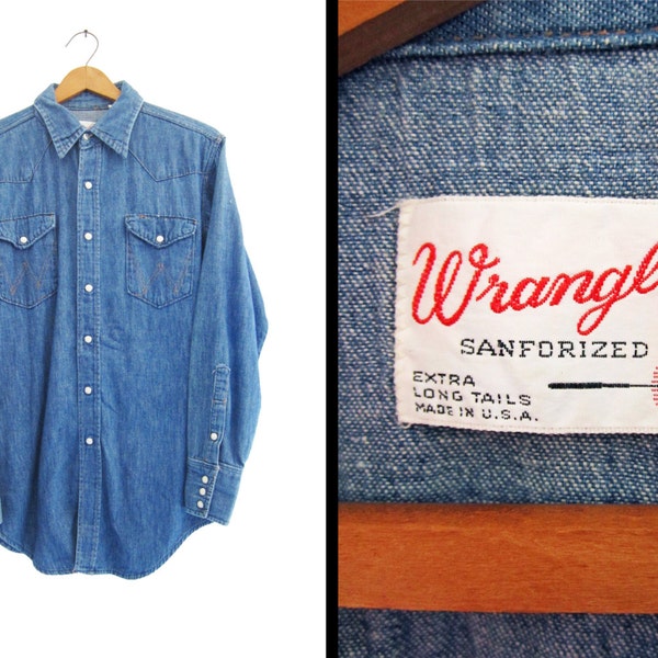 Vintage 60s Wrangler Denim Shirt Sanforized Made in USA Pearl Snaps - Men's Medium