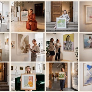 May include: A collage of twelve images showcasing various framed art prints displayed in gallery settings, featuring diverse subjects including abstract shapes, architectural staircases, landscapes, and figurative illustrations in neutral and vibrant tones.