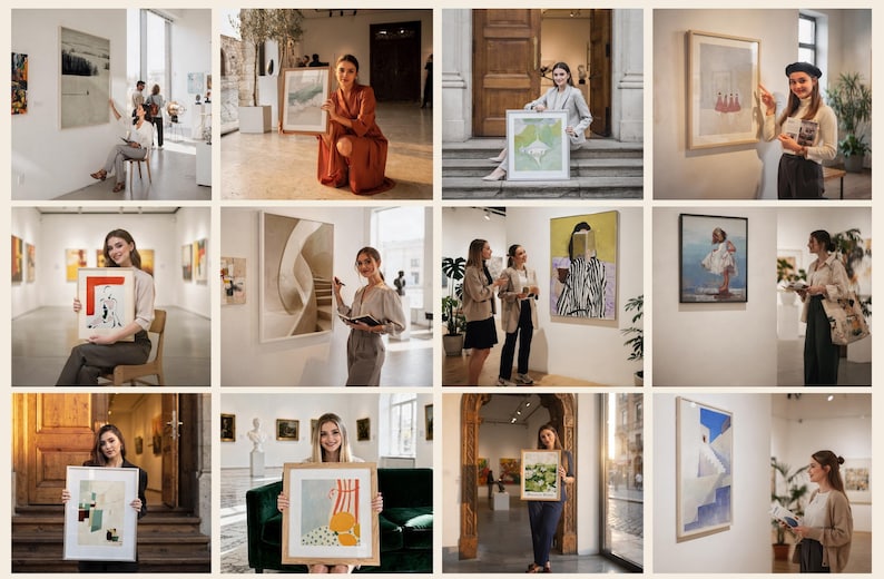 May include: A collage of twelve images showcasing various framed art prints displayed in gallery settings, featuring diverse subjects including abstract shapes, architectural staircases, landscapes, and figurative illustrations in neutral and vibrant tones.