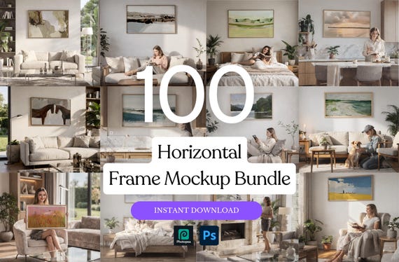 100 Horizontal Landscape Frame Mockup Bundle – Wall Art PSD, Smart Object, Photoshop and Photopea Compatible