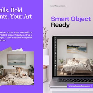May include: A laptop displays a mockup scene with a bedroom interior, showcasing a framed artwork. The image includes the text "Wide Walls. Bold Statements. Your Art Inside." and "Smart Object Ready." Additional images of mockup scenes are also present.