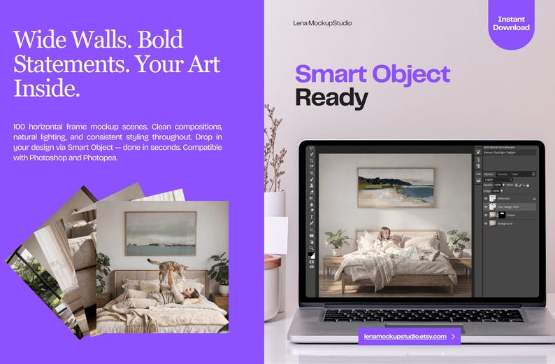 May include: A laptop displays a mockup scene with a bedroom interior, showcasing a framed artwork. The image includes the text "Wide Walls. Bold Statements. Your Art Inside." and "Smart Object Ready." Additional images of mockup scenes are also present.