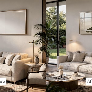 May include: A living room scene with a beige sofa, pillows, and a coffee table. A framed landscape art piece hangs above the sofa. The image shows a "Before" and "After" comparison, with the art piece changing.
