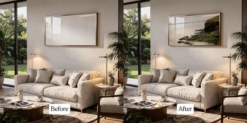 May include: A living room scene with a beige sofa, pillows, and a coffee table. A framed landscape art piece hangs above the sofa. The image shows a "Before" and "After" comparison, with the art piece changing.