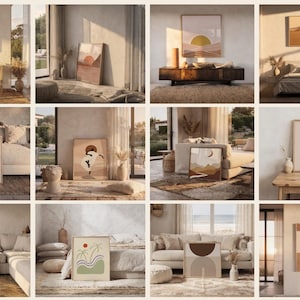 May include: A collection of twelve framed wall art prints featuring abstract, geometric, and nature-inspired designs in neutral, earthy tones. The prints display various compositions including suns, landscapes, palm trees, and silhouettes in a grid layout.