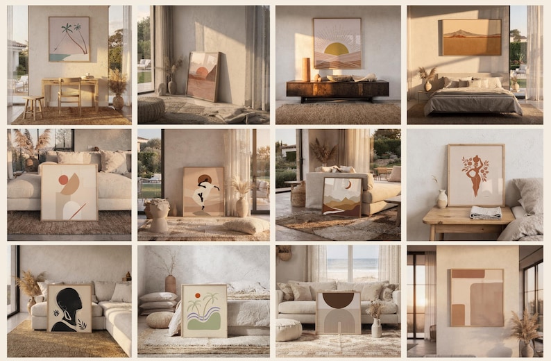 May include: A collection of twelve framed wall art prints featuring abstract, geometric, and nature-inspired designs in neutral, earthy tones. The prints display various compositions including suns, landscapes, palm trees, and silhouettes in a grid layout.