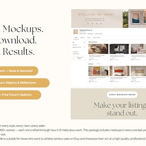 May include: A digital marketing graphic for a mockup bundle featuring the text 2000+ Mockups. One Download. Instant Results. It displays a preview of an Etsy shop interface with various framed art mockups and includes icons for Photopea and Photoshop.