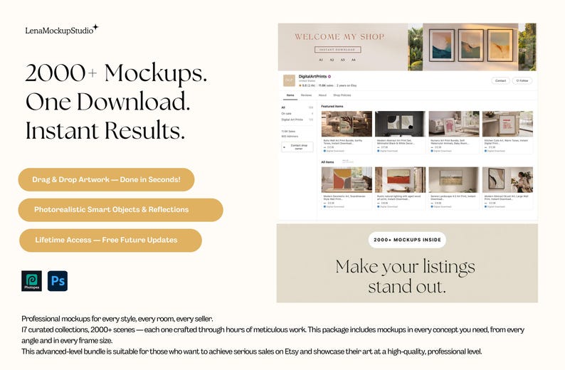 May include: A digital marketing graphic for a mockup bundle featuring the text 2000+ Mockups. One Download. Instant Results. It displays a preview of an Etsy shop interface with various framed art mockups and includes icons for Photopea and Photoshop.
