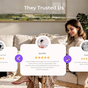 May include: A woman sits on a beige sofa with throw pillows, smiling. The image includes text "They Trusted Us" and customer testimonials with star ratings. A painting hangs above the sofa, and plants are visible.
