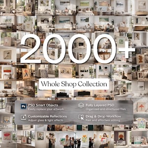 Paquete definitivo de más de 2000 maquetas de marcos: colección completa para tiendas, maquetas de arte mural en formato PSD, compatible con Photoshop y Photopea.