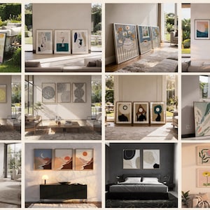 May include: A collection of framed wall art prints featuring diverse abstract, botanical, and geometric designs in various color palettes, displayed in multiple interior and exterior settings including living rooms, bedrooms, and garden spaces.