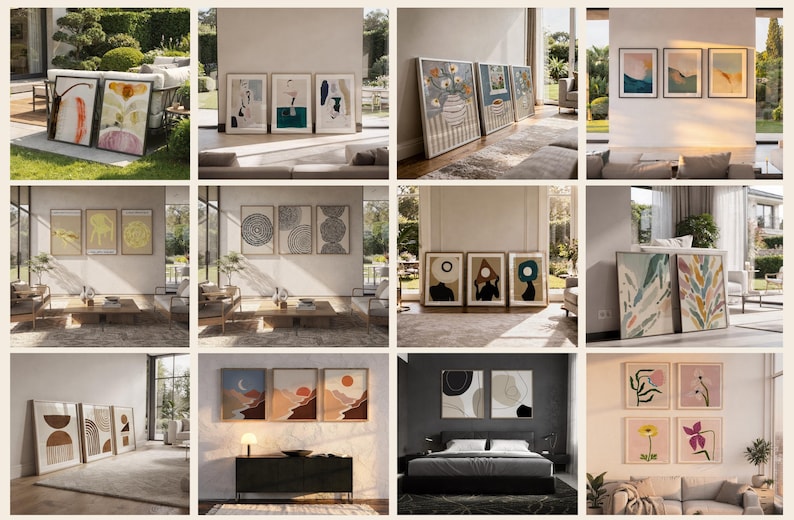 May include: A collection of framed wall art prints featuring diverse abstract, botanical, and geometric designs in various color palettes, displayed in multiple interior and exterior settings including living rooms, bedrooms, and garden spaces.