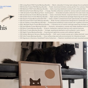 May include: A digital product advertisement titled What's Inside This Bundle? listing 17 frame mockup collections. A long-haired black cat sits on a black leather bench behind a framed print featuring a stylized cat illustration and a sun.