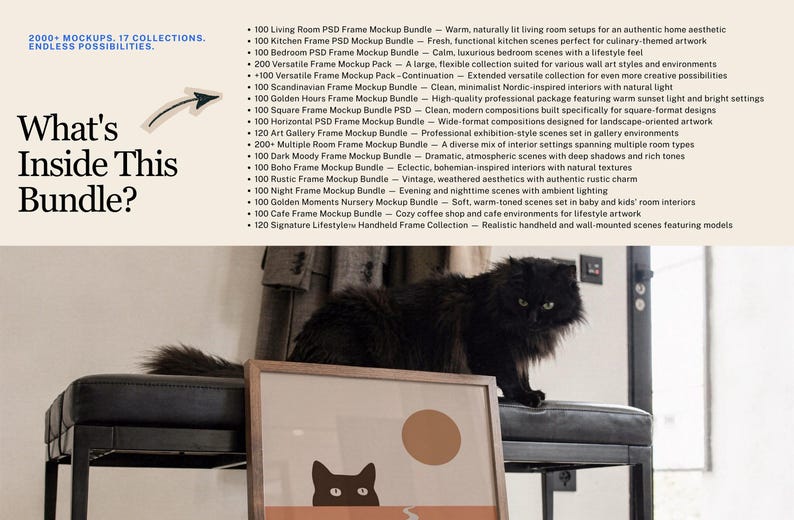May include: A digital product advertisement titled What's Inside This Bundle? listing 17 frame mockup collections. A long-haired black cat sits on a black leather bench behind a framed print featuring a stylized cat illustration and a sun.