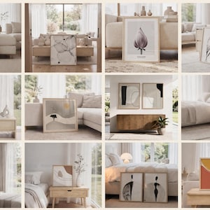 May include: A collection of twelve framed wall art prints featuring various abstract, botanical, and landscape illustrations in neutral, earthy, and muted color palettes, displayed in light wood frames within diverse home interior settings.