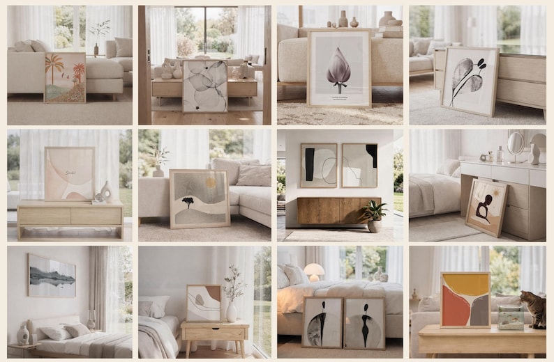 May include: A collection of twelve framed wall art prints featuring various abstract, botanical, and landscape illustrations in neutral, earthy, and muted color palettes, displayed in light wood frames within diverse home interior settings.