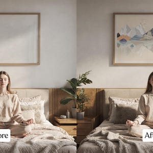 May include: A before-and-after image shows a person meditating on a bed. The "Before" image has a blank framed canvas on the wall. The "After" image shows a colorful mountain landscape painting in a wooden frame. The person is wearing a beige outfit.