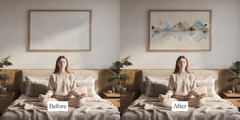May include: A before-and-after image shows a person meditating on a bed. The "Before" image has a blank framed canvas on the wall. The "After" image shows a colorful mountain landscape painting in a wooden frame. The person is wearing a beige outfit.