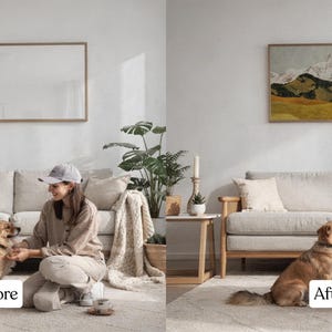 May include: A before-and-after image comparison. The "Before" image shows a blank rectangular frame above a sofa. The "After" image shows the same scene, but the frame now contains a landscape painting of mountains and fields.