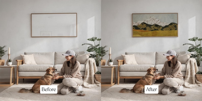 May include: A before-and-after image comparison. The "Before" image shows a blank rectangular frame above a sofa. The "After" image shows the same scene, but the frame now contains a landscape painting of mountains and fields.
