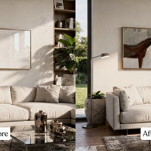 May include: A living room scene with a beige sectional sofa, a glass-top coffee table, and a framed artwork depicting two horses. The artwork is above the sofa. A floor lamp and potted plants add to the decor. The text "Before" and "After" are visible.