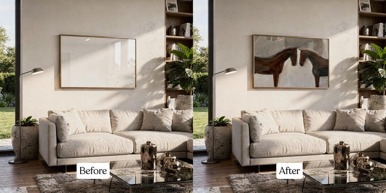 May include: A living room scene with a beige sectional sofa, a glass-top coffee table, and a framed artwork depicting two horses. The artwork is above the sofa. A floor lamp and potted plants add to the decor. The text "Before" and "After" are visible.
