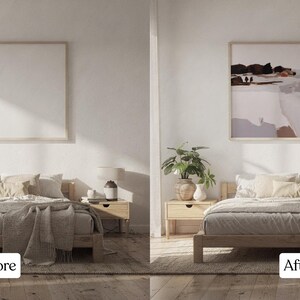 May include: A bedroom scene with a bed, nightstands, and a large framed artwork. The artwork depicts an abstract landscape in neutral tones. The bed is made with neutral-colored bedding and pillows. The room has a minimalist, modern aesthetic.