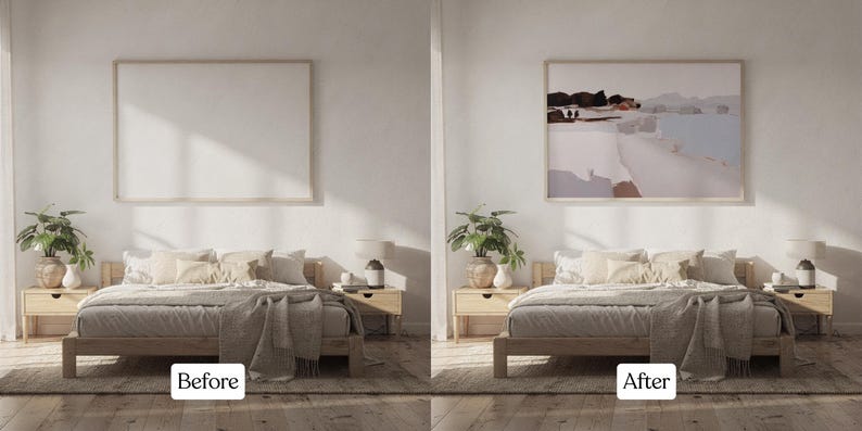May include: A bedroom scene with a bed, nightstands, and a large framed artwork. The artwork depicts an abstract landscape in neutral tones. The bed is made with neutral-colored bedding and pillows. The room has a minimalist, modern aesthetic.