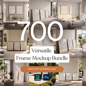 Könnte beinhalten: Eine Sammlung von 700 digitalen Dateien Versatile Frame Mockup Bundle mit verschiedenen Innenraum-Szenarien und leeren Wandrahmen. Das Bild zeigt mehrere Anordnungen von leeren rechteckigen Rahmen in Schlafzimmern, Wohnzimmern und Küchen.