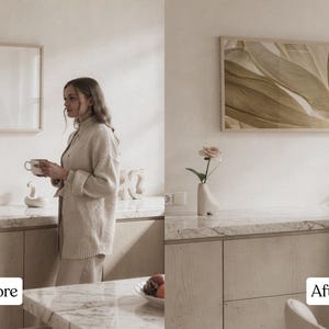 May include: A before-and-after image shows a kitchen with a woman holding a cup. The 'Before' image has a blank framed canvas. The 'After' image features the same kitchen, but the blank canvas is replaced with a framed abstract botanical print in shades of green and beige.