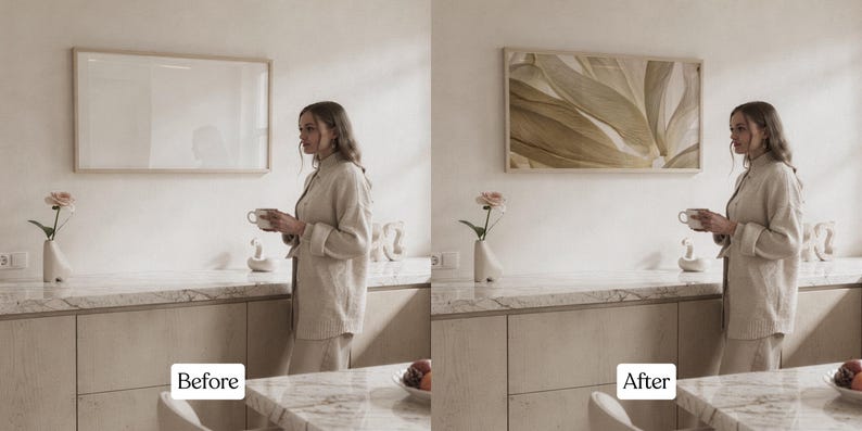 May include: A before-and-after image shows a kitchen with a woman holding a cup. The 'Before' image has a blank framed canvas. The 'After' image features the same kitchen, but the blank canvas is replaced with a framed abstract botanical print in shades of green and beige.